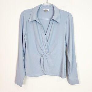 CALVIN KLEIN BLUE LONG SLEEVE SURPLICE TWIST FRONT BLOUSE WOMENS SMALL